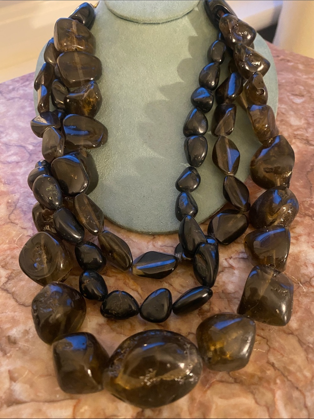 Smokey Quartz look Multi-Strand Statement Necklace with Gold Tone Clasp